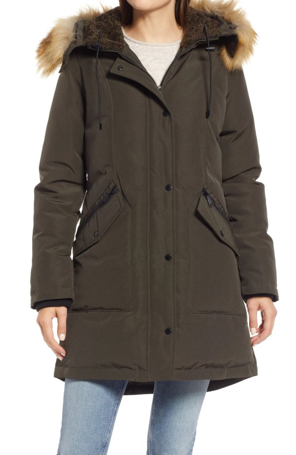 Hooded Down & Feather Fill Parka with Faux Fur Trim