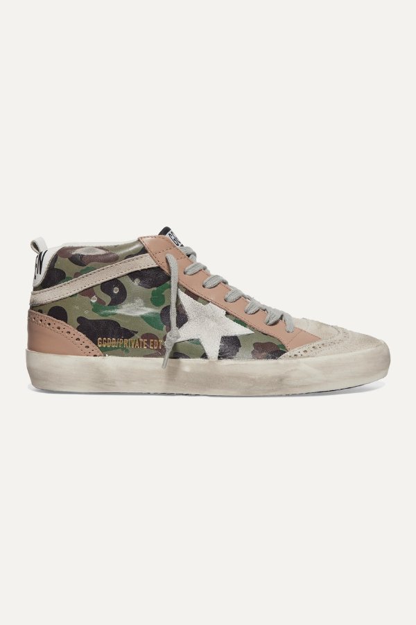 Mid Star distressed camouflage-print leather and suede sneakers