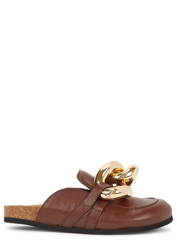 Dark brown chain-embellished leather mules
