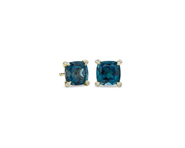 Cushion Cut Blue Topaz and Diamond Accent Earrings in 14k Yellow Gold (7mm)