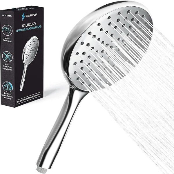 SparkPod Handheld Shower Head - 6 - Inch Round Shower Head - Rainfall Experience - Tool-Free Installation - Without Bracket or Hose - Pressure Shower Head Luxury Polished Chrome - Pet Friendly Shower