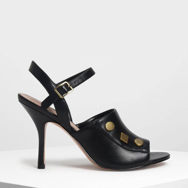 Black Vintage Button Detail Heeled Sandals | CHARLES & KEITH