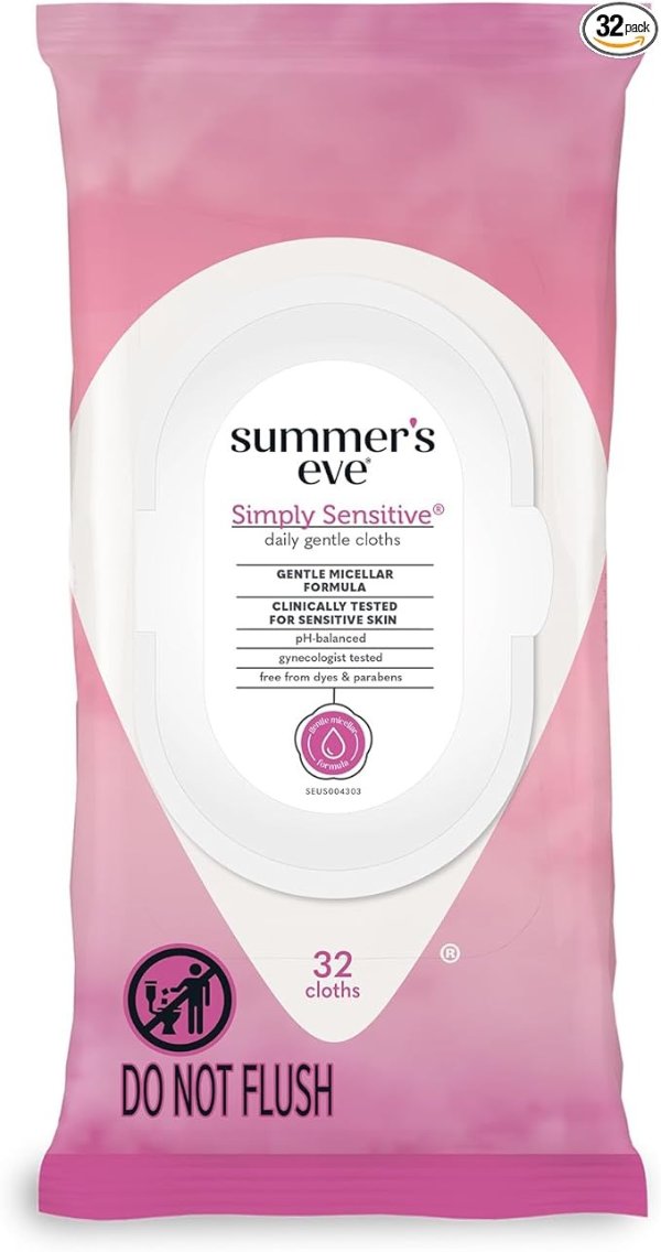 Simply Sensitive Daily Gentle Feminine Wipes, Removes Odor, pH Balanced, 32 count
