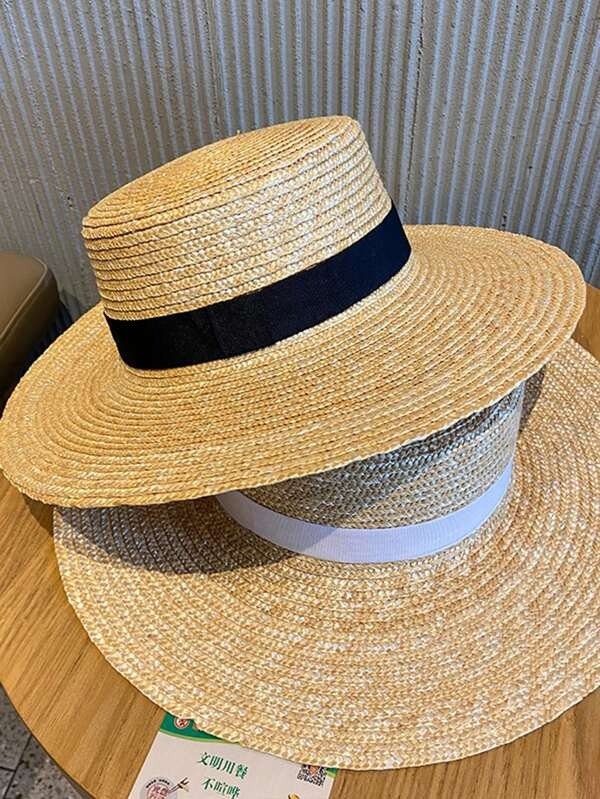 Adults' Lafite Straw Sunhat For Women, Beach Hat With Flat Top, Korean Style Knitted Fisherman Hat For Summer