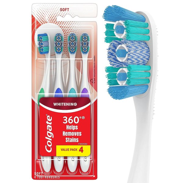360 Optic White Whitening Toothbrush, Soft - 4 Count