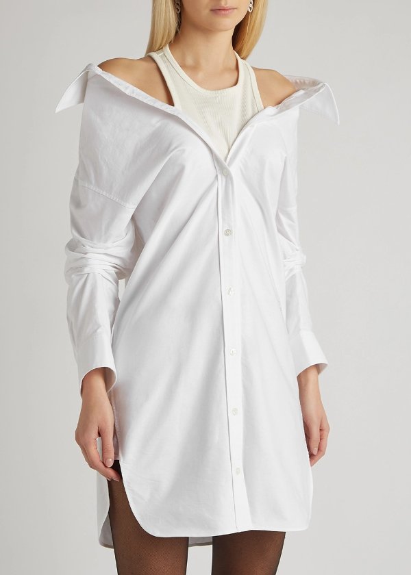 White off-the-shoulder layered shirt dress