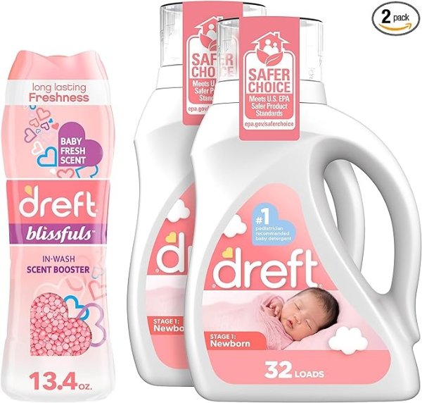 Bundle of Dreft Stage 1: Newborn Hypoallergenic Baby Laundry Detergent Liquid Soap, 46 Fl Oz, (Pack of 2) + Dreft Blissfuls In-Wash Scent Booster Beads, Baby Fresh, 13.4 oz