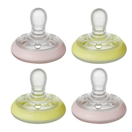 Breast-Like Pacifier Night, Glow in The Dark, Skin-Like Texture, Symmetrical Design, BPA-Free Binkies, 0-6m, 4-Count, Pink/Yellow