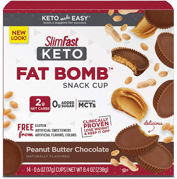SlimFast Keto Fat Bomb Snack Cup, Peanut Butter Chocolate, Keto Snacks for Weight Loss, Low Carb with 0g Added Sugar, 14 Count Box