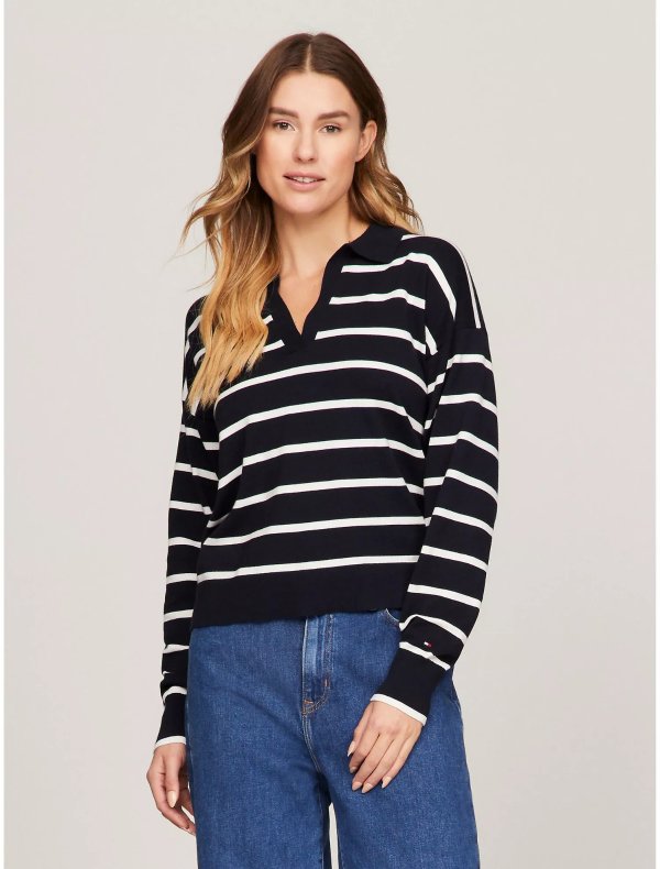 Long-Sleeve Stripe Polo Sweater