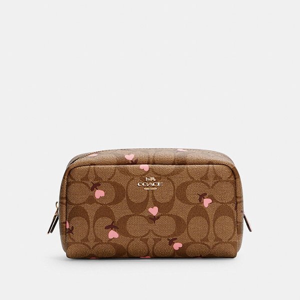 Small Boxy Cosmetic Case in Signature Canvas With Heart Floral Print