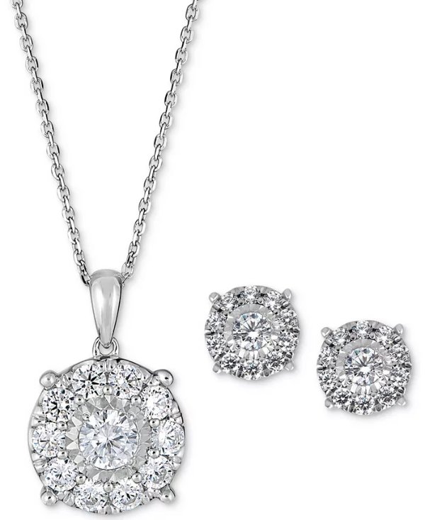 2-Pc. Set Diamond (2 ct. t.w.) Pendant Necklace & Stud Earrings in 14k White or Yellow Gold