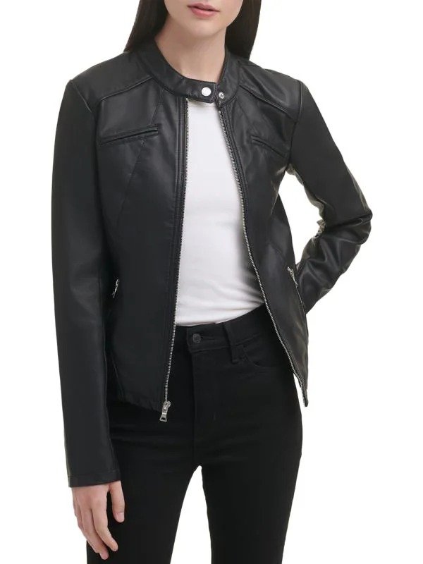 Band Collar Faux Leather Jacket