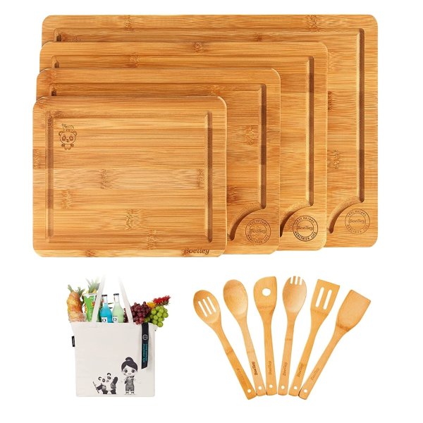 Boelley Bamboo Cutting Board set of 4 with 6 Utensils and 1 canvas bag Wood cutting boards with Juice Groove