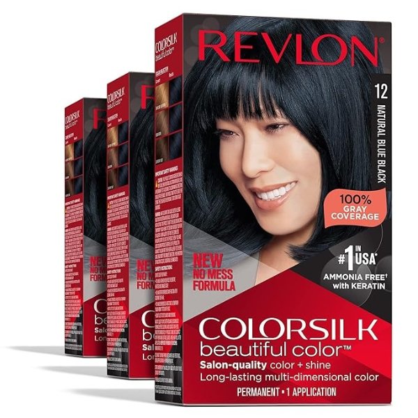 Permanent Hair Color, Permanent Black Hair Dye, Colorsilk with 100% Gray Coverage, Ammonia-Free, Keratin and Amino Acids, Black Shades (Pack of 3)