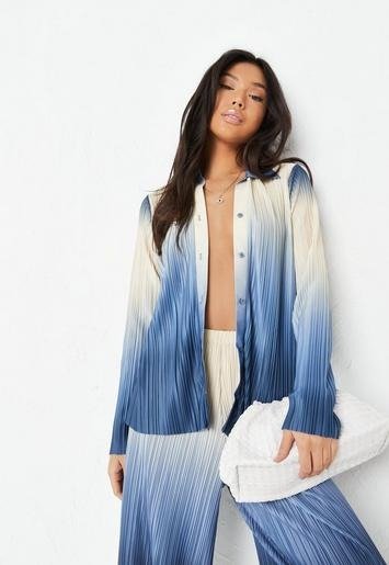 - Blue Co Ord Ombre Plisse Oversized Shirt
