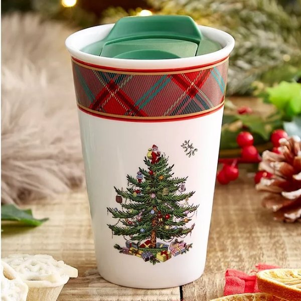 Christmas Tree Tartan Porcelain Travel Mug with Lid