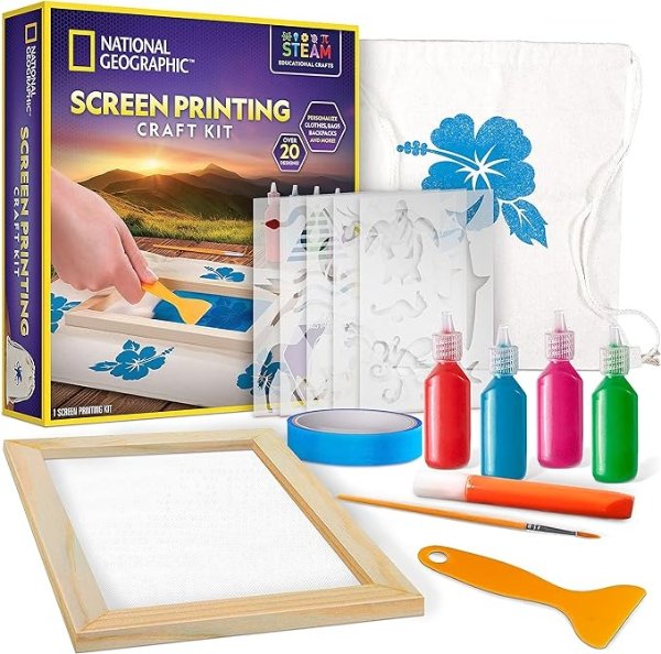 NATIONAL GEOGRAPHIC Kids Screen Printing Kit - Arts and Crafts Silk Screen Printing Kit with Fabric Paint, Frame, Stencils & Squeegee Plus Drawstring Bag & More, Screen Print, Silkscreening Kit