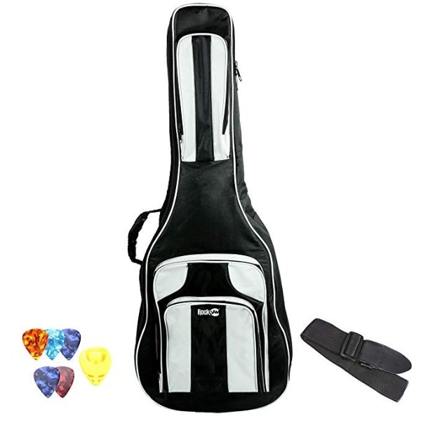 RockJam 41 inch Guitar Waterproof 3-Pocket Dual Adjustable Shoulder Strap Padded Deluxe Gig Bag with Guitar Strap and Picks