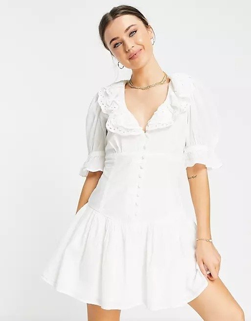 eyelet trim button through mini tea dress in white