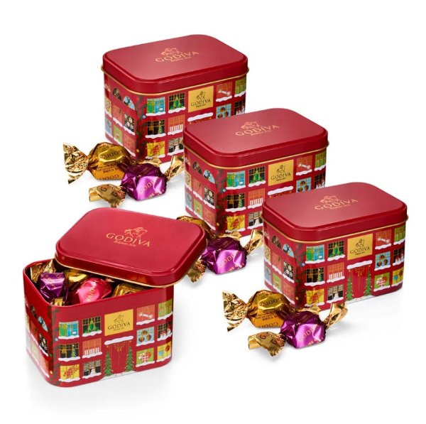 Holiday Tin Assorted Wrapped Truffles, Set of 3, 12 pc each | GODIVA
