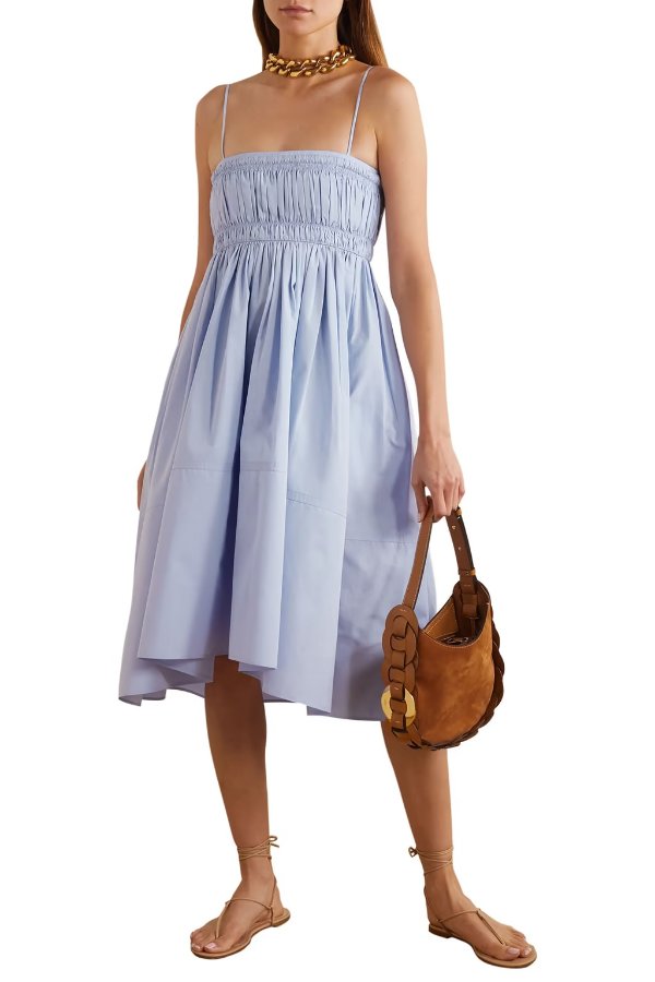 Shirred cotton-poplin dress