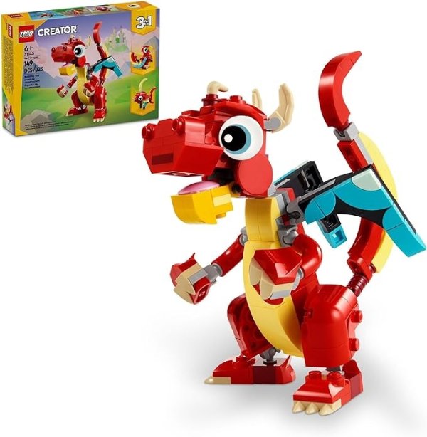 Creator 3 in 1 Red Dragon Toy, Transforms from Dragon Toy to Fish Toy to Phoenix Toy, Gift Idea for Boys and Girls Ages 6 and Up, Animal Toy Set for Kids, 31145
