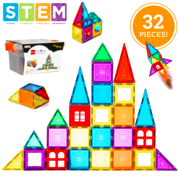 32-Piece Kids Mini Magnetic Tiles Educational STEM Toy Set w/ Carrying Case