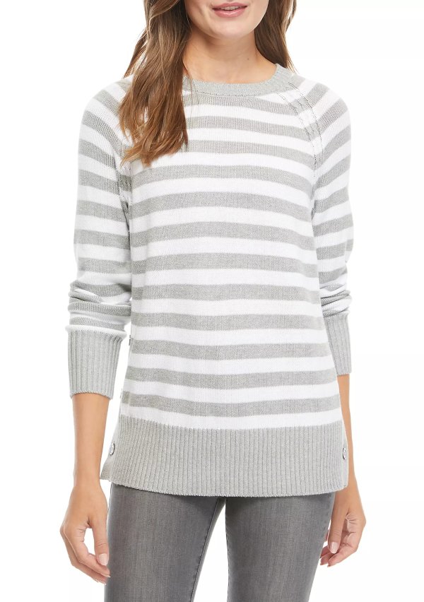 Women's Long Sleeve Side Button Striped Sweater