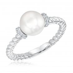 Freshwater Cultured Pearl and White Topaz Sterling Silver Cable Ring
