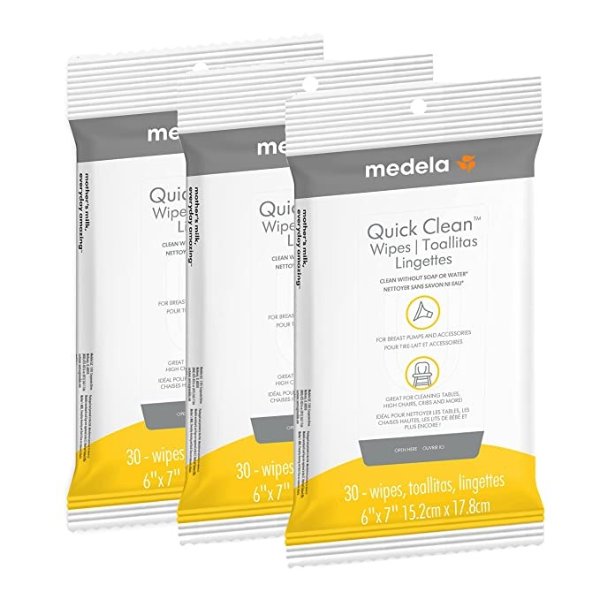 Quick Clean Breast Pump and Accessory Wipes 90ct, 3 Packs of 30 Count, Resealable, Convenient and Hygienic On The Go Cleaning for Tables, Countertops, Chairs, and More