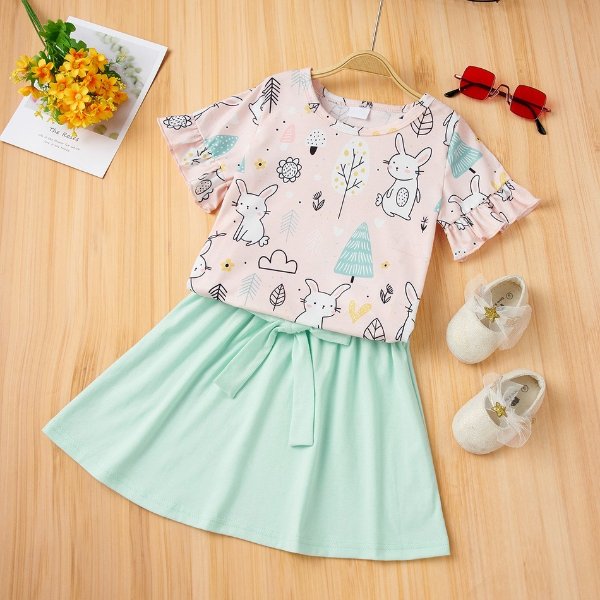 2-piece Toddler Girl Rabbit Print Tee and Solid Skirt Set of Easter