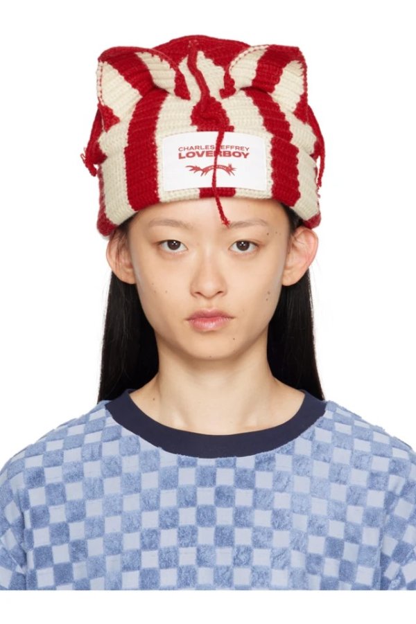 红色 & 灰白色 Striped Ears 毛线帽