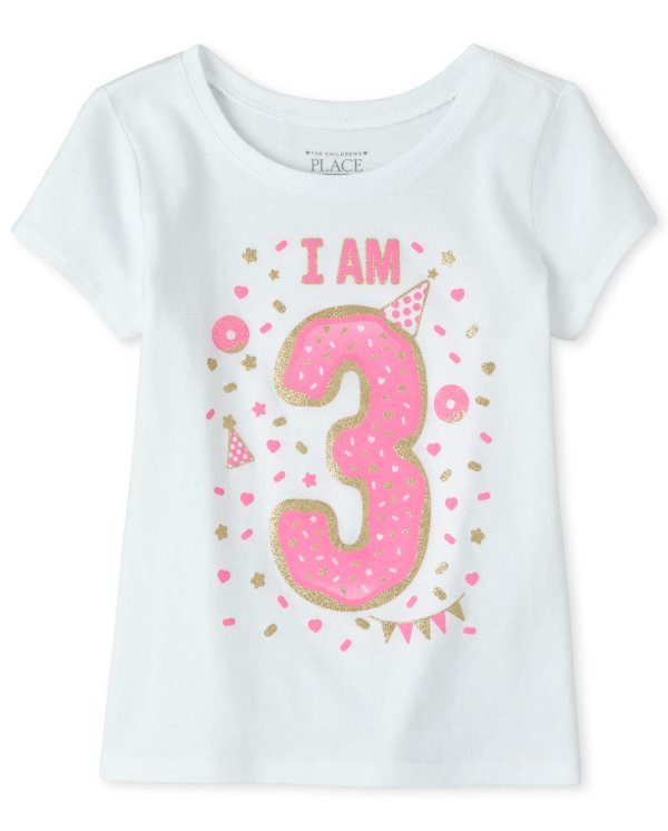 Baby And Toddler Girls Birthday Short Sleeve Glitter 'I Am 3' Graphic Tee
