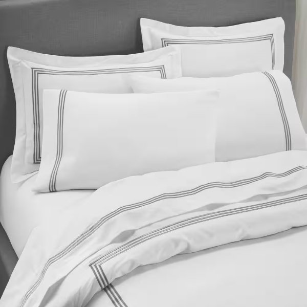 300 Thread Count Cotton White and Stone Gray Hotel Embroidered Border 4-Piece King Sheet Set