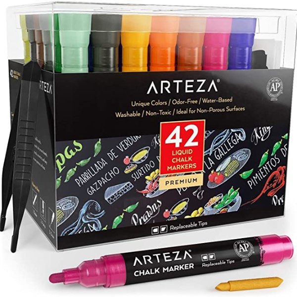 Liquid Chalk Markers, Water-Based 42-Color Pack with 50 Chalkboard Labels and Replaceable Tips for Kids, Adults, Bistros & Restaurants