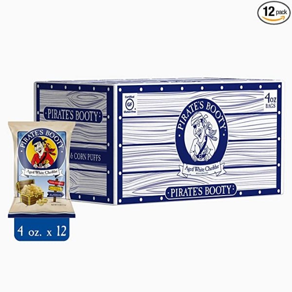 Pirate's Booty Aged White Cheddar Cheese Puffs, 12ct, 4oz Grocery Size Bags, Gluten Free, Healthy Kids Snacks