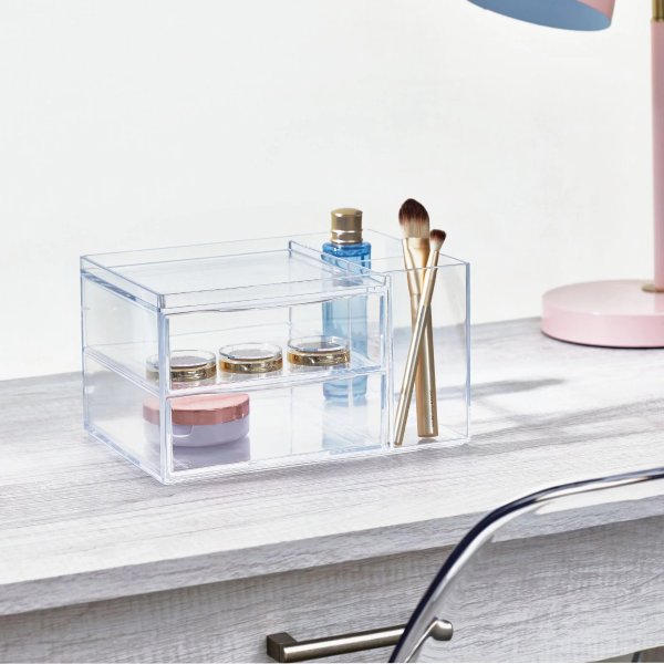 Chloe Clear Plastic Two Drawer Side Divider Organizer for Vanity and Cosmetics