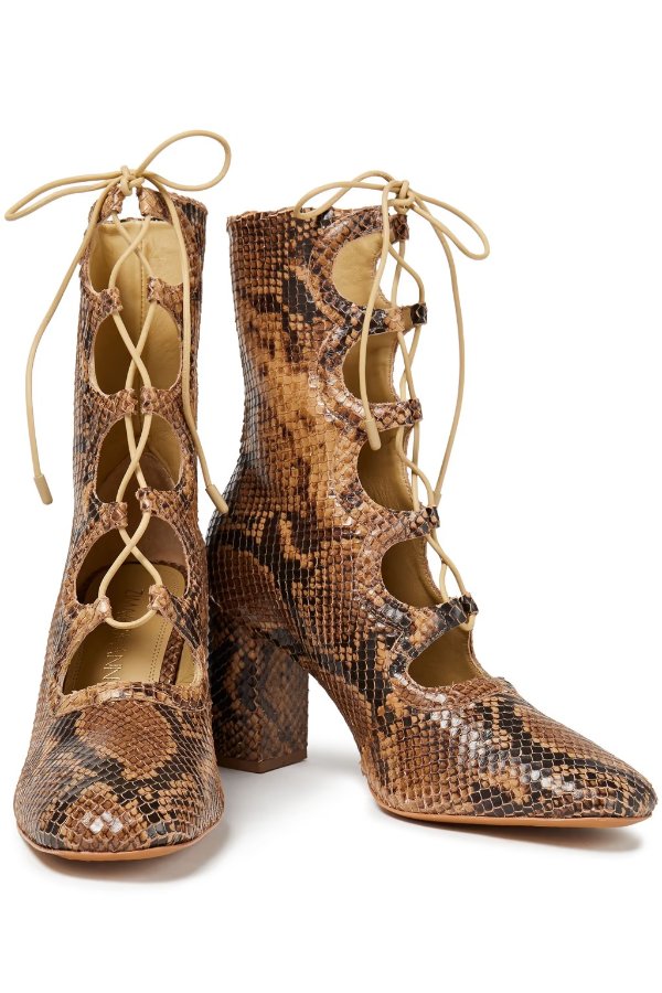 Lace-up snake-effect leather ankle boots