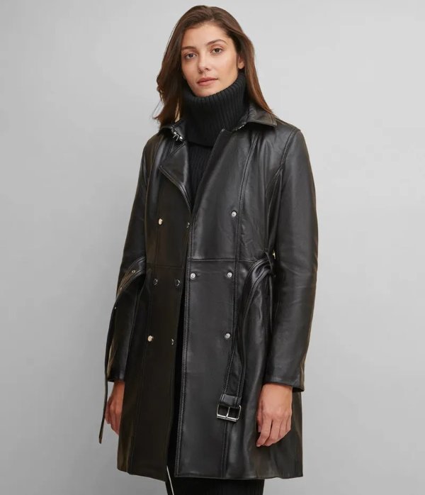 Classic Leather Belted Trench Coat
