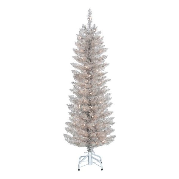 4ft Pre-Lit Rose Gold Tinsel Christmas Tree, Rose Gold, 4', Clear