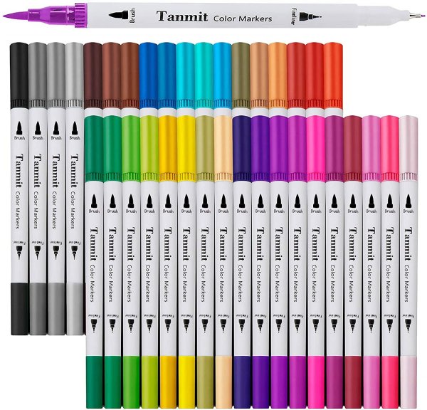 Tanmit 0.4 Fine Tip Markers & Brush Highlighter Pen Set of 36
