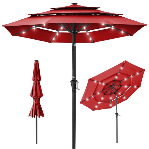 3-Tier Solar Patio Umbrella w/ LED Lights,  - 10ft