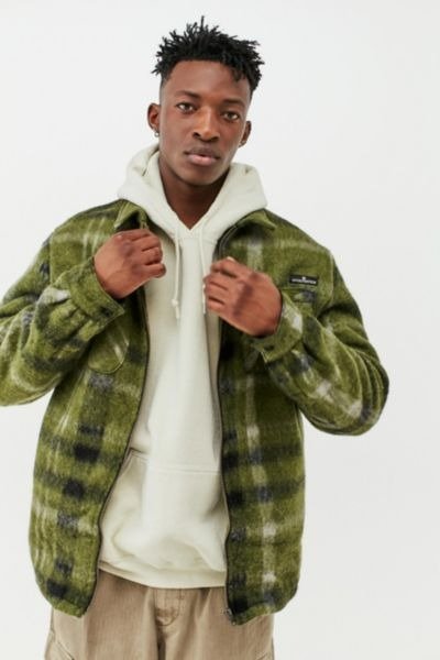 Green Plaid Zip-Up Shirt Jacket