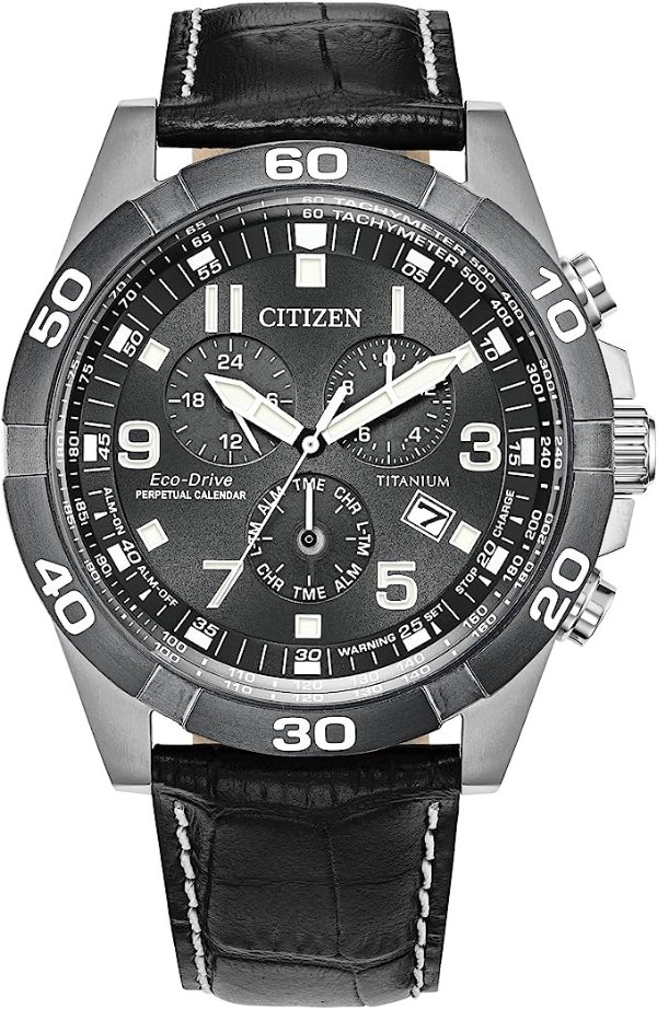 Men's Eco-Drive Super Titanium™ Sport Casual Brycen Chronograph Watch, Gray Dial, Perpetual Calendar, Black Leather Strap, (Model: BL5558-15H)