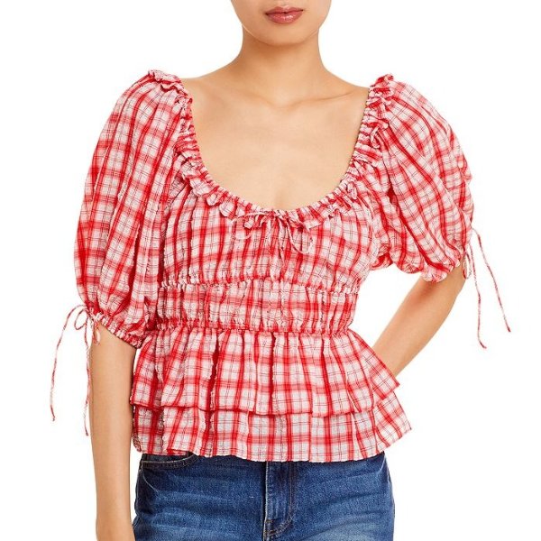 Square Neck Puff Sleeve Plaid Top