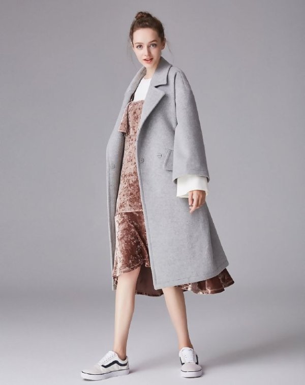 Gray Plain Lapel Long Sleeve Fitted Women's Coat