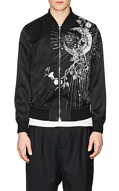 Moon-Embroidered Silky Twill Bomber Jacket
