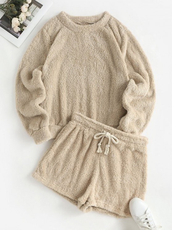 Solid Color Teddy Top and Drawstring Shorts Set LIGHT COFFEE