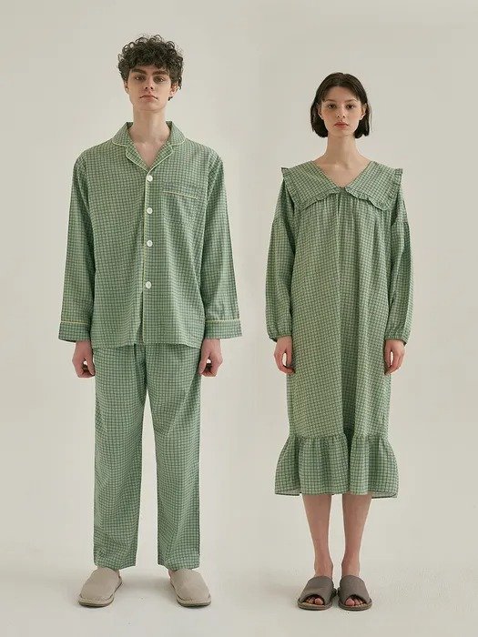 薄荷绿格纹情侣睡衣套装
